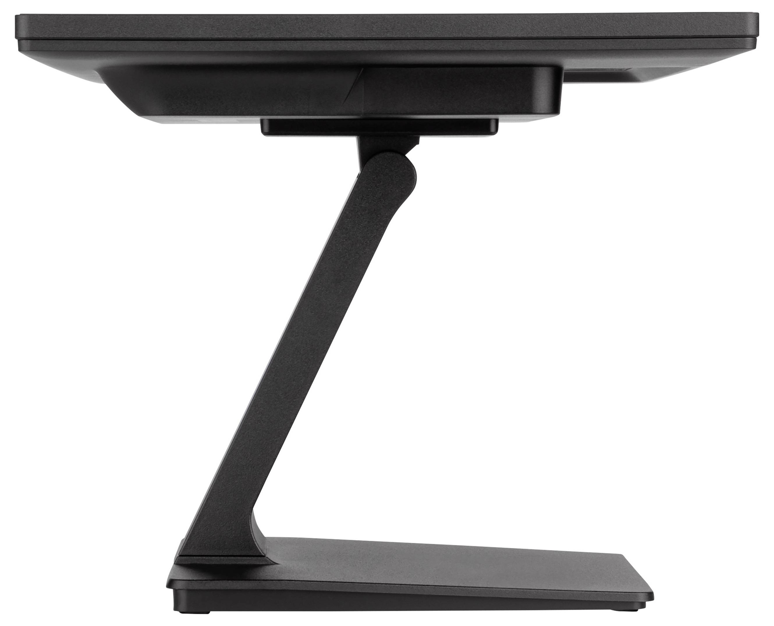 Sort moderne Z-formet skrivebordlampe med en flad rektangulær base og top, vist i sidevisning på hvid baggrund.