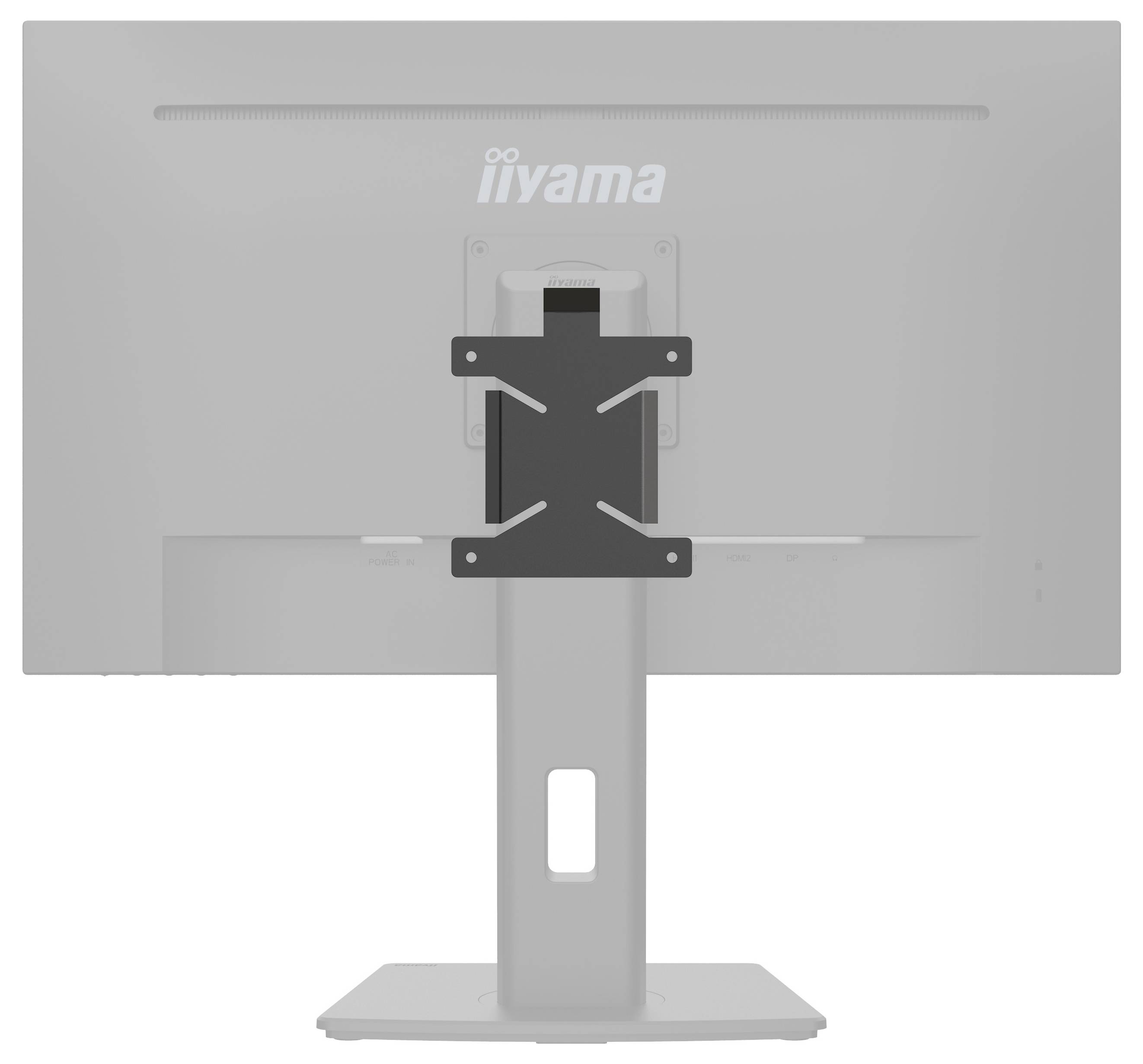 Bagside af en iiyama-monitor monteret på et sølvfarvet stativ med en central VESA-beslag.