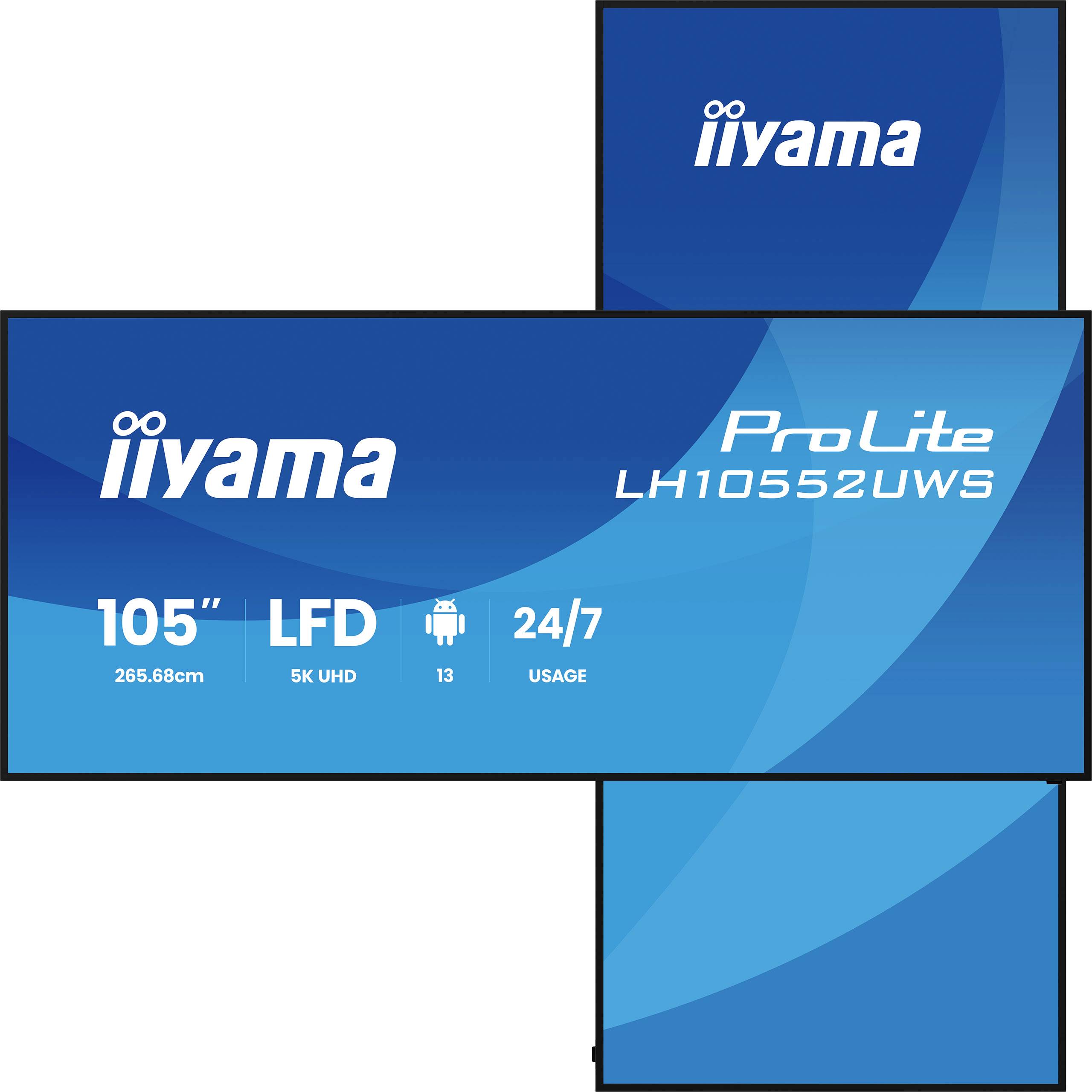 Iiyama ProLite LH1052UWS 105-tommer LFD-displayemballage, der viser 5K UHD, 24/7-forbrug og Android 13-ikoner.