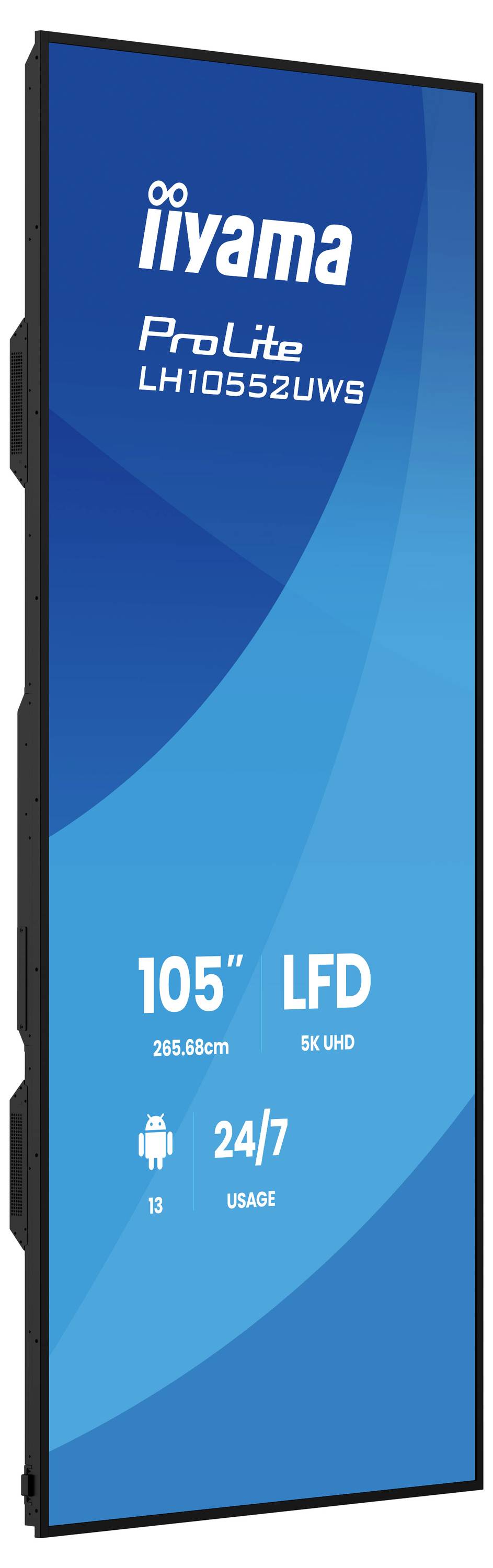 Produktbillede af en iiyama ProLite LH10552UWS 105-tommers 5K UHD digital signage-display, der viser 24/7-drift og Android-understøttelse.