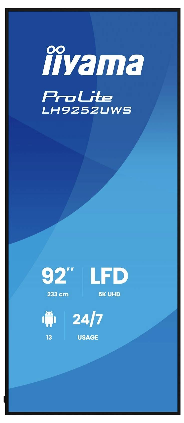 Iiyama ProLite LH9252UWS displayetiket viser 92-tommers LFD, 5K UHD, Android 13 og 24/7-brug.