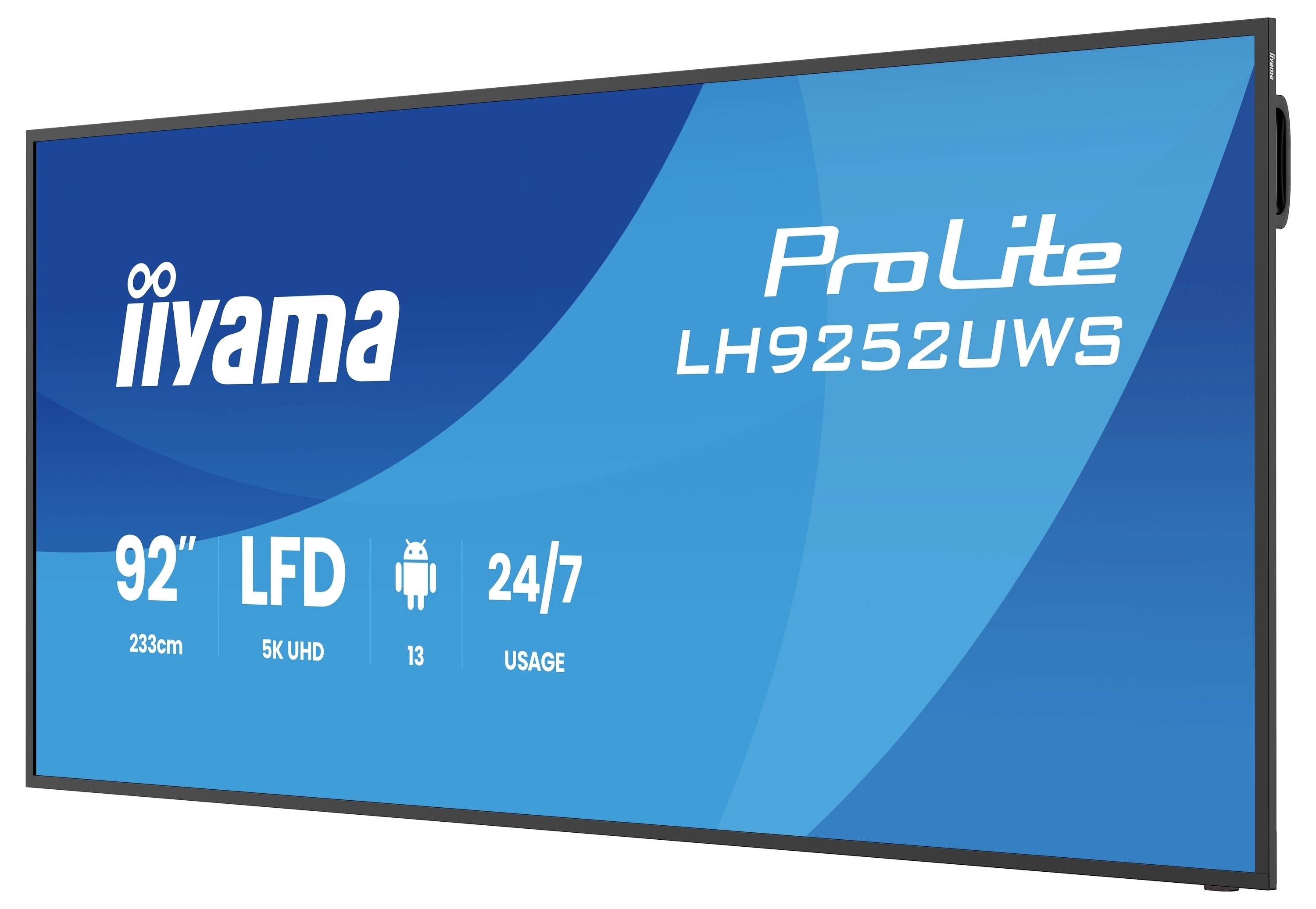 Stor iiyama ProLite LH9252UWS 92-tommer digital signage-display med blå skærm, der viser 5K UHD-, Android- og 24/7-brugsikoner.