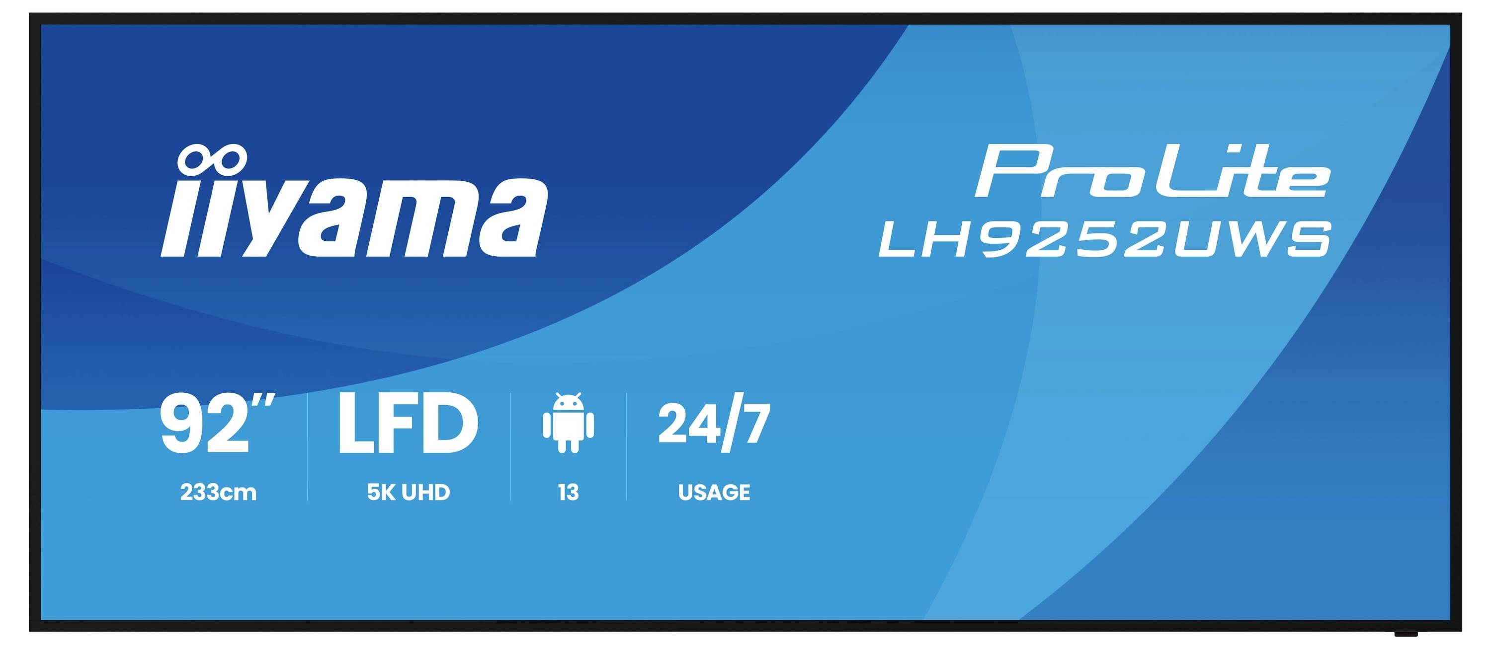 Iiyama ProLite LH9252UWS digital signage-display; 92-tommer LFD, 5K UHD, Android 13, 24/7 drift.