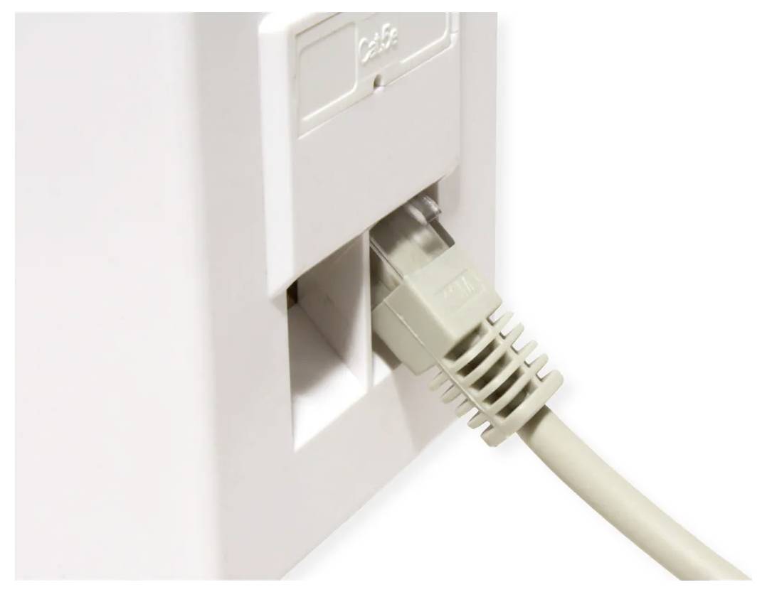 Ethernetkabel tilsluttet en vægnetværksstik på en hvid væghylde.