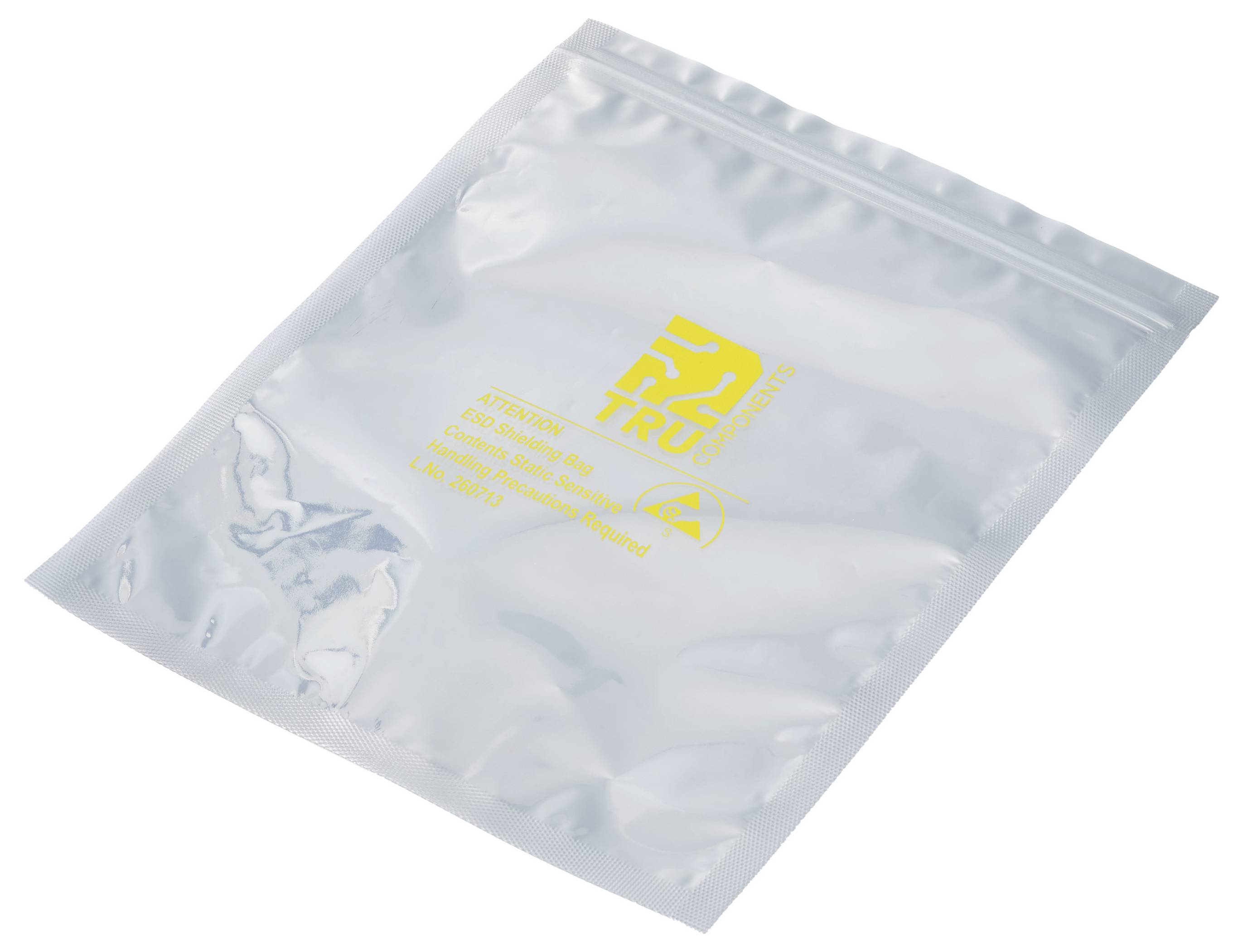 Sølvfarvet genanvendelig plastikpose med gult 'TRU'-mærke og lille advarseltekst, vist på hvid baggrund.