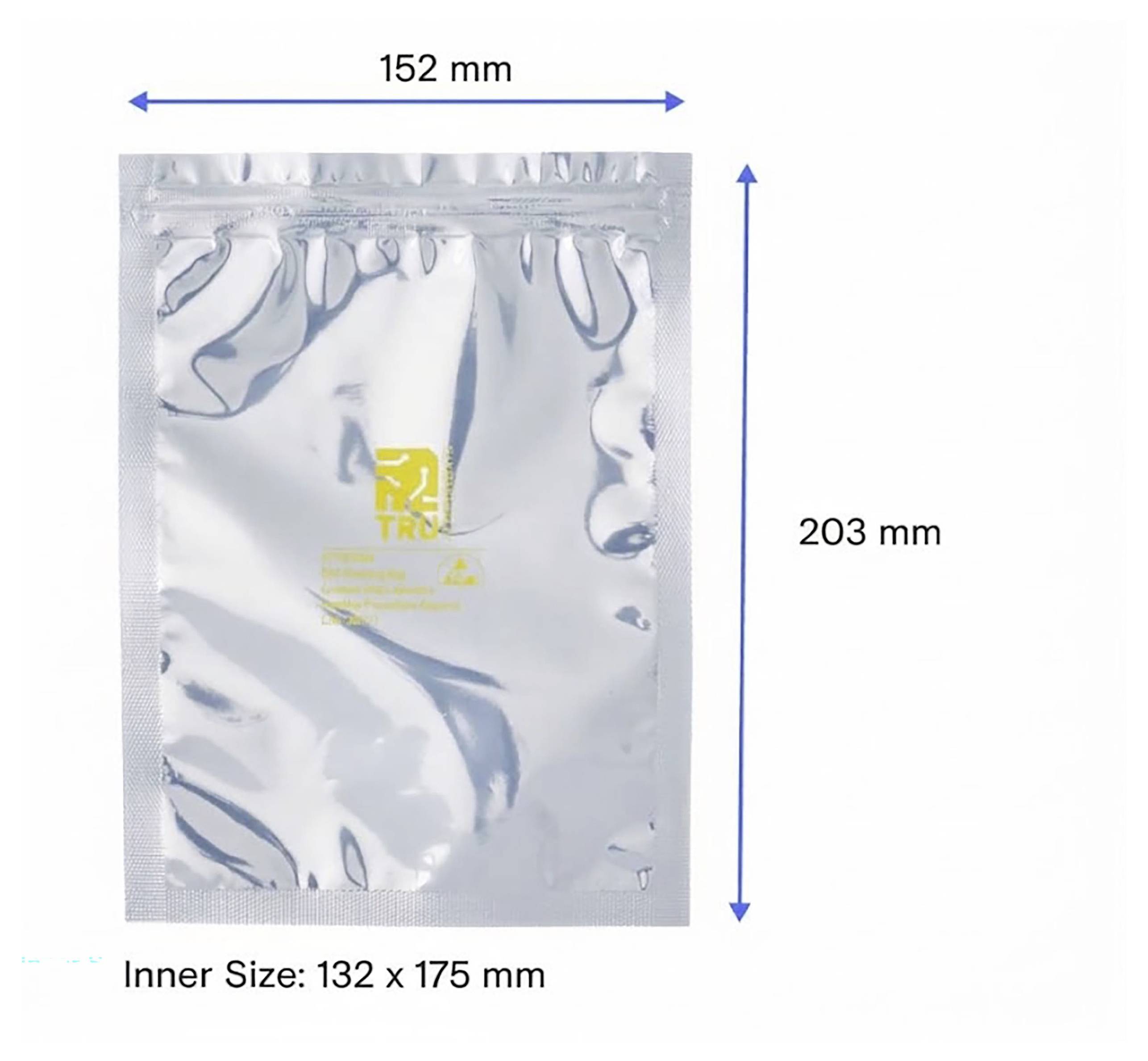 Sølvfarvet genanlukkelig pose vist med dimensioner på 203 mm bred og 152 mm høj; indre størrelse mærket 175 x 132 mm.