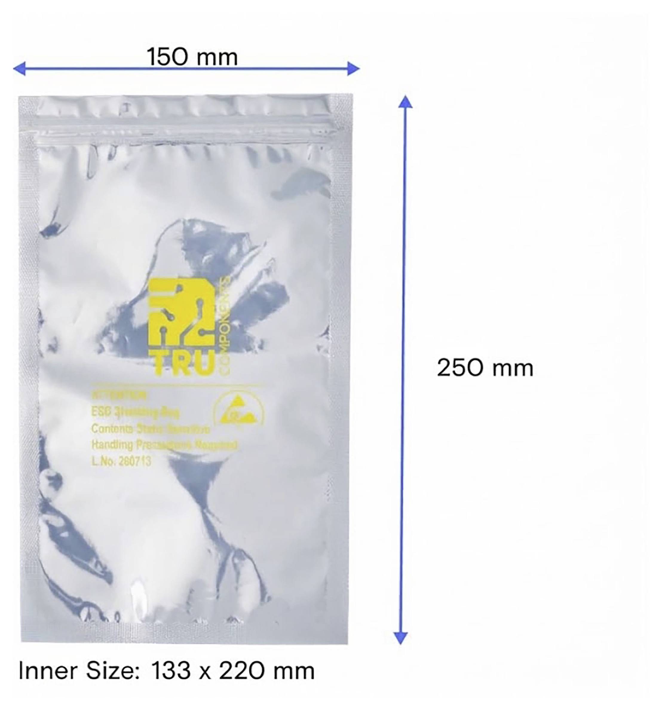 Sølvfarvet genlukkelig pose med diagram, der viser mål: 150 mm bred, 250 mm høj, indvendig størrelse 133 x 220 mm.