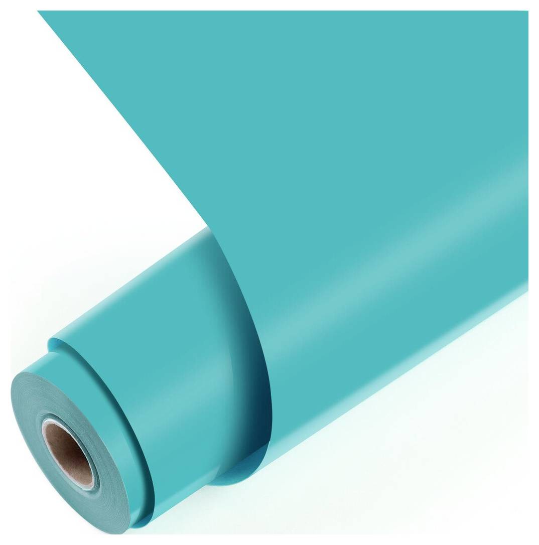 Rullet teal-farvet stof eller vinyler på en tube, vist tæt på med hvid baggrund.