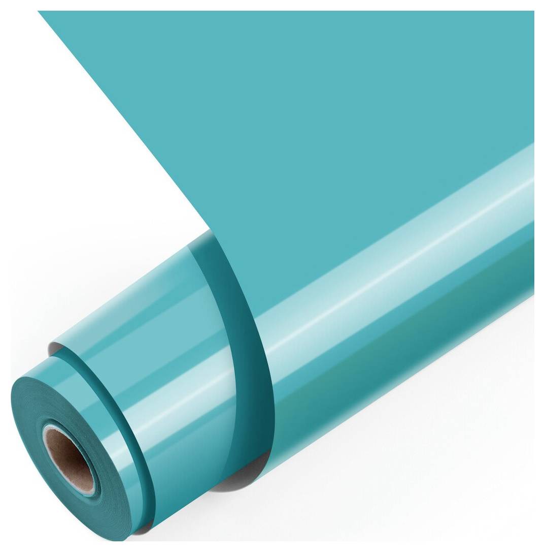 En teal-farvet rulle af transparent plastfilm eller folie vist diagonalt på hvid baggrund.