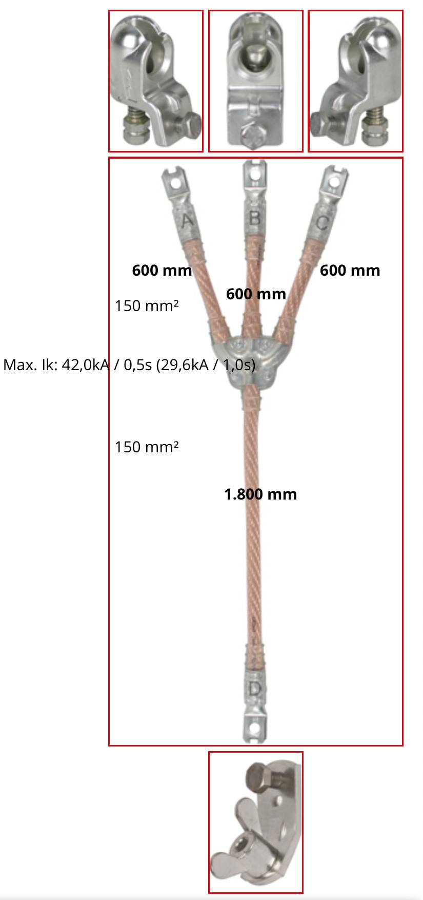 Diagram af en wirerebeslyngesamling med tre topbeslag og et bundbeslag; etiketterne viser 600 mm ben, 1.800 mm længde, 150 mm² og maksimal belastning 42,0 kN