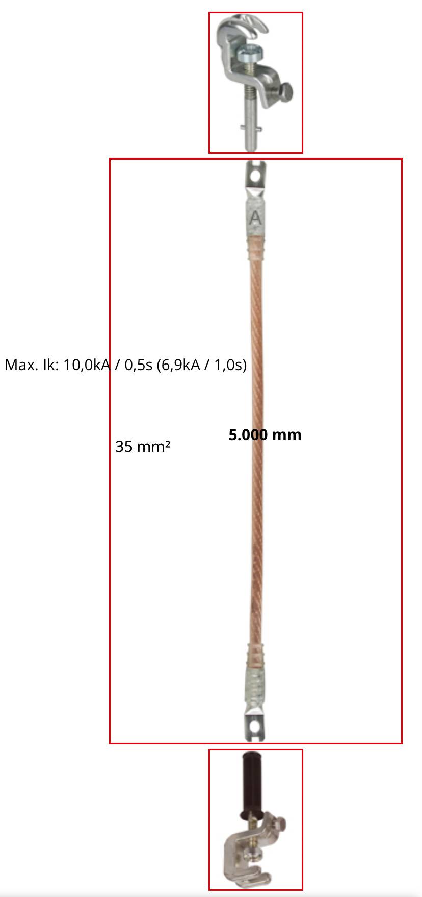 Lodret isoleret kabelsamling med metalforbindelser i begge ender, mærket 35 mm², 5.000 mm og max Ik 10,0 kA/0,5 s, 6,9 kA/1,0 s.