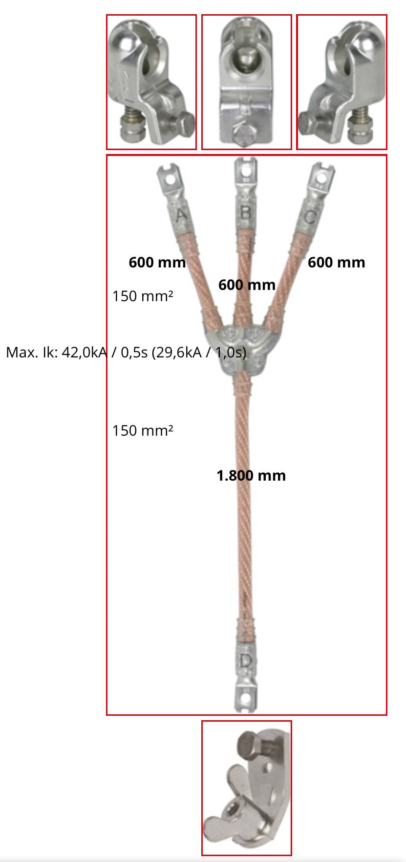 Diagram af et trelastet wiretovstropp-slingesamle med metalforbindelser, der viser øvre og nedre befæstelser, 600 mm grene, 1.800 mm hovedlængde, 150 mm², og maksimal belastning 42,0 kN.
