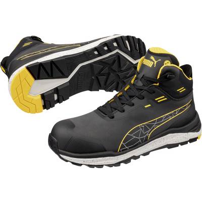Sort og gul Puma høje arbejdsstøvler vist fra side- og sålevinkler, med robust slidmønster og beskyttende tådesign.