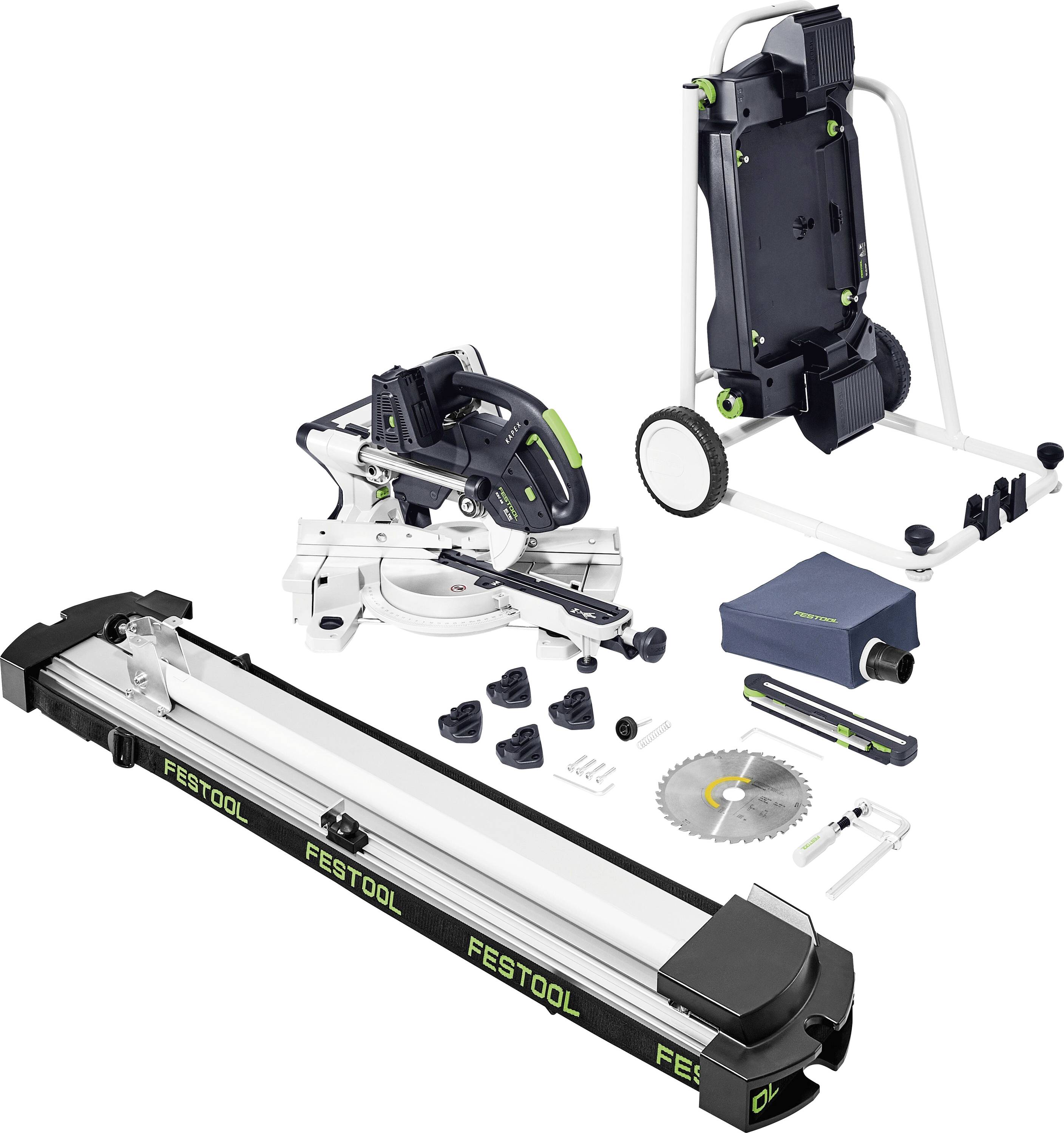 Festool savesæt: savebord, lodret stativ, sporskine, cirkulært savblad, spændeclips og tilbehør på hvid baggrund.