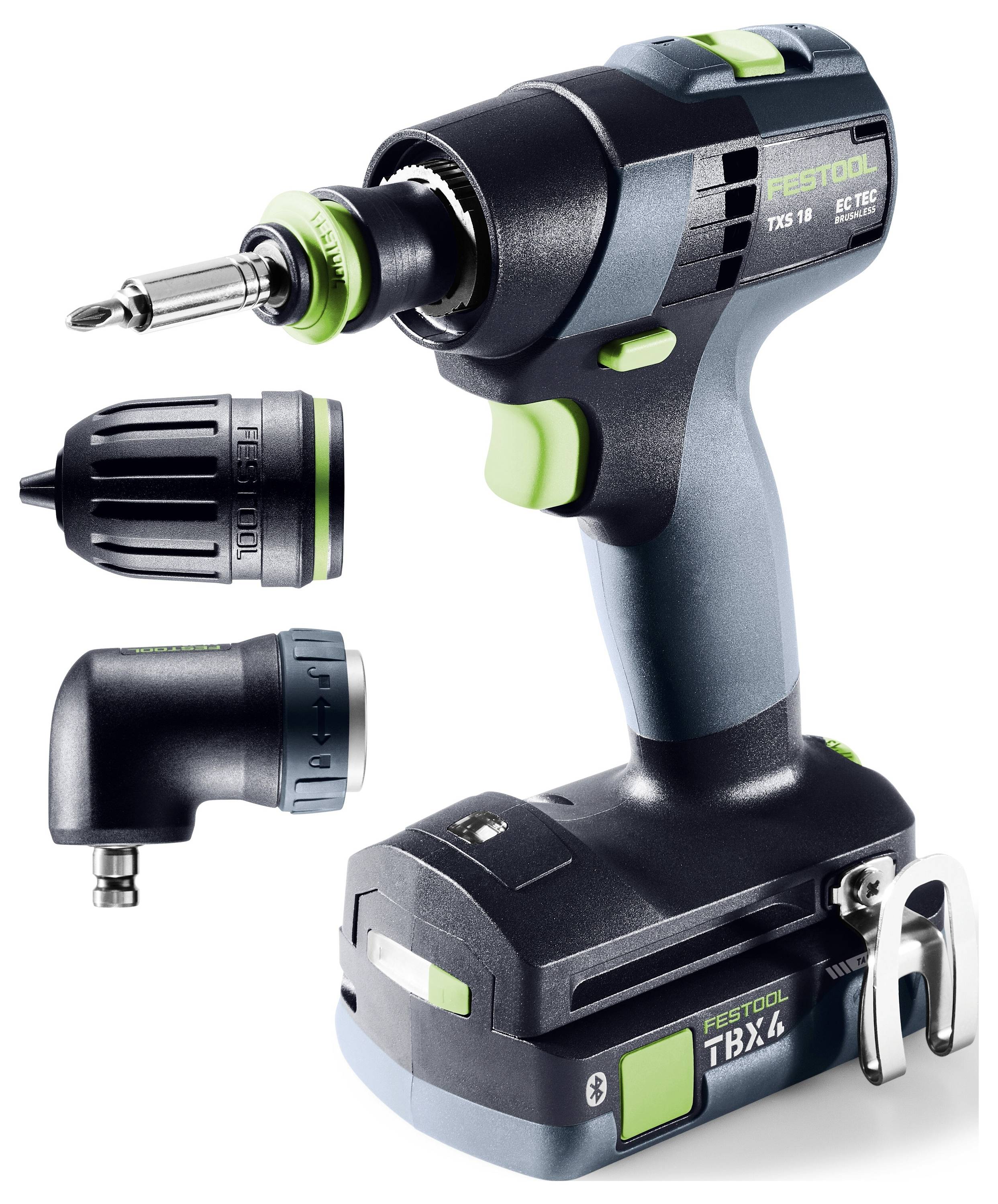Trådløs Festool boremaskine/skruetrækker med batteribasis, vist med to udskiftelige borkoleudstyr og et vinklet hovudtilbehør.