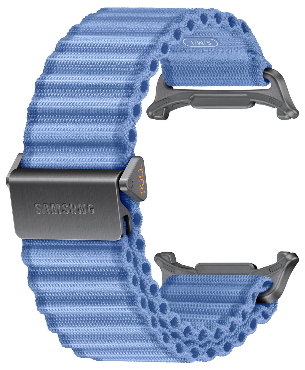 Blåt vævet smartwatch-bånd med sorte forbindelser, vist i en buet åben C-form på hvid baggrund.