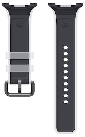 To visninger af et sort smartwatch-bånd, der viser spænde-siden og pin-hul-justeringssiden.