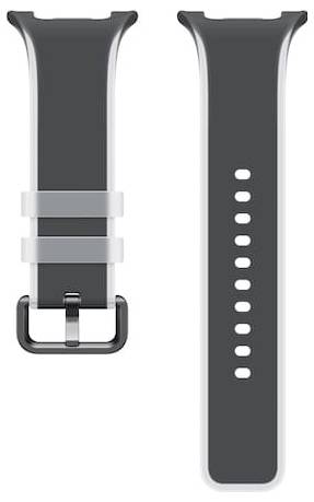 Mørk grå smartwatch-rem med sølvfarvet spænde og to løkker, vist fra for- og bagside.