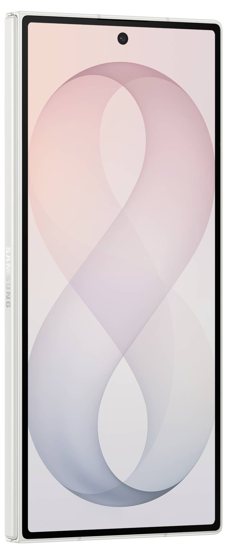 Frontvisning af en hvid Samsung-smartphone med et pink og blåt abstrakt baggrundsbillede og centralt placeret hull-punch frontamera.