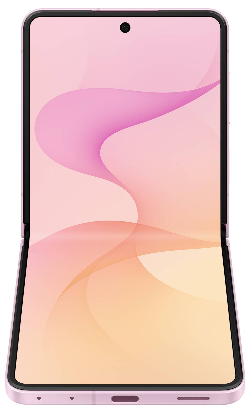 Sammenklappelig smartphone vist åben i portrætorienterering med et pink og orange abstrakt baggrundsbillede på displayet.