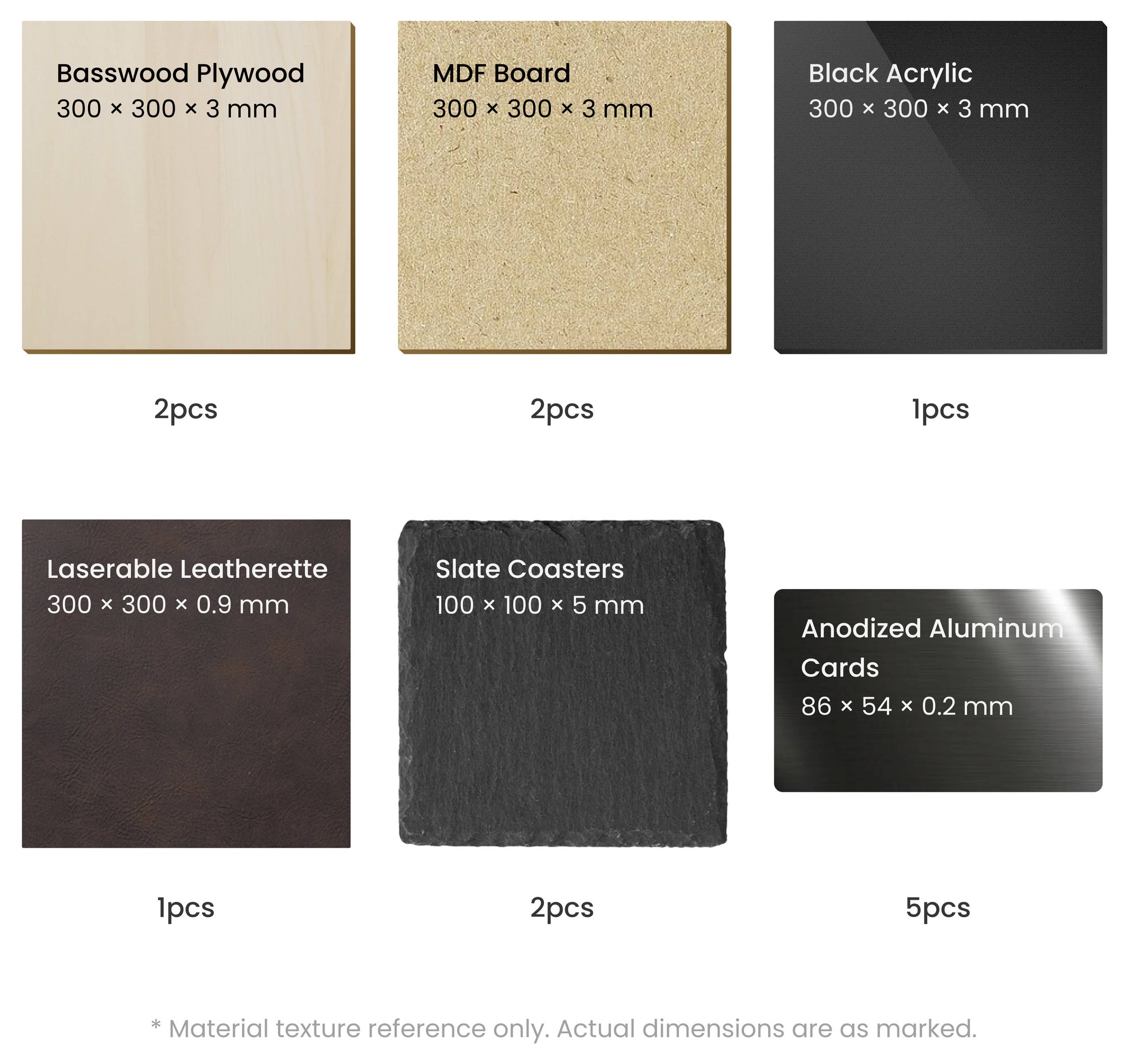 Materialprøvelayout viser seks lasergravérbare genstande med størrelser og mængder: Basswood Krystalfinér, MDF-plade, Sort Akryl, Kunstlæder, Skifferunderlag og Anodiserede Aluminiumskort.