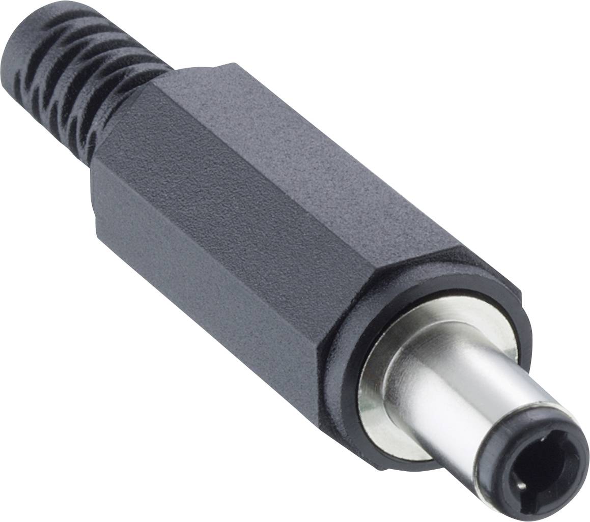 Nærbillede af en sort DC-faderstik med sølvfarvet metallisk spids på hvid baggrund.