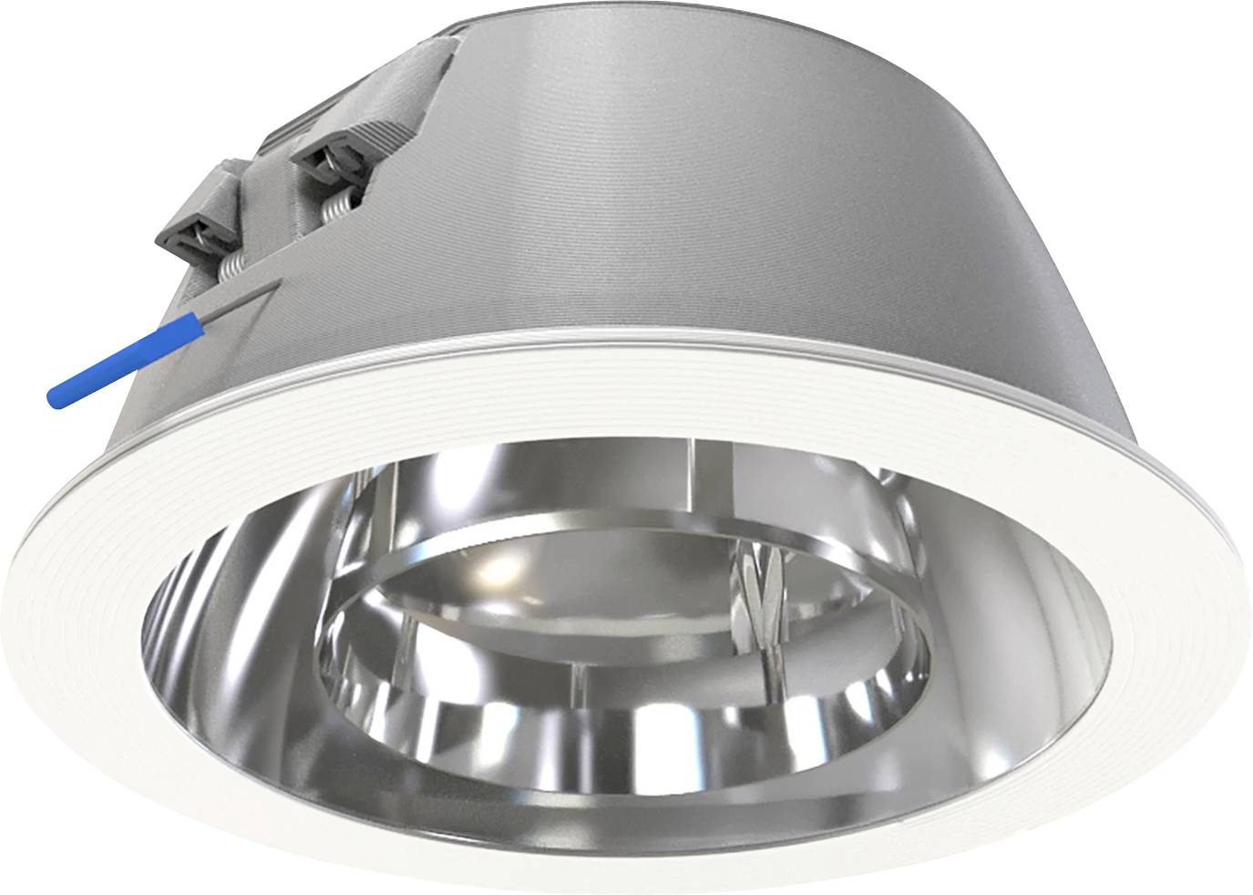 Nedsænket loftslampe med sølvfarvet bånd og reflekterende pæreholder, vist oppefra på hvid baggrund.