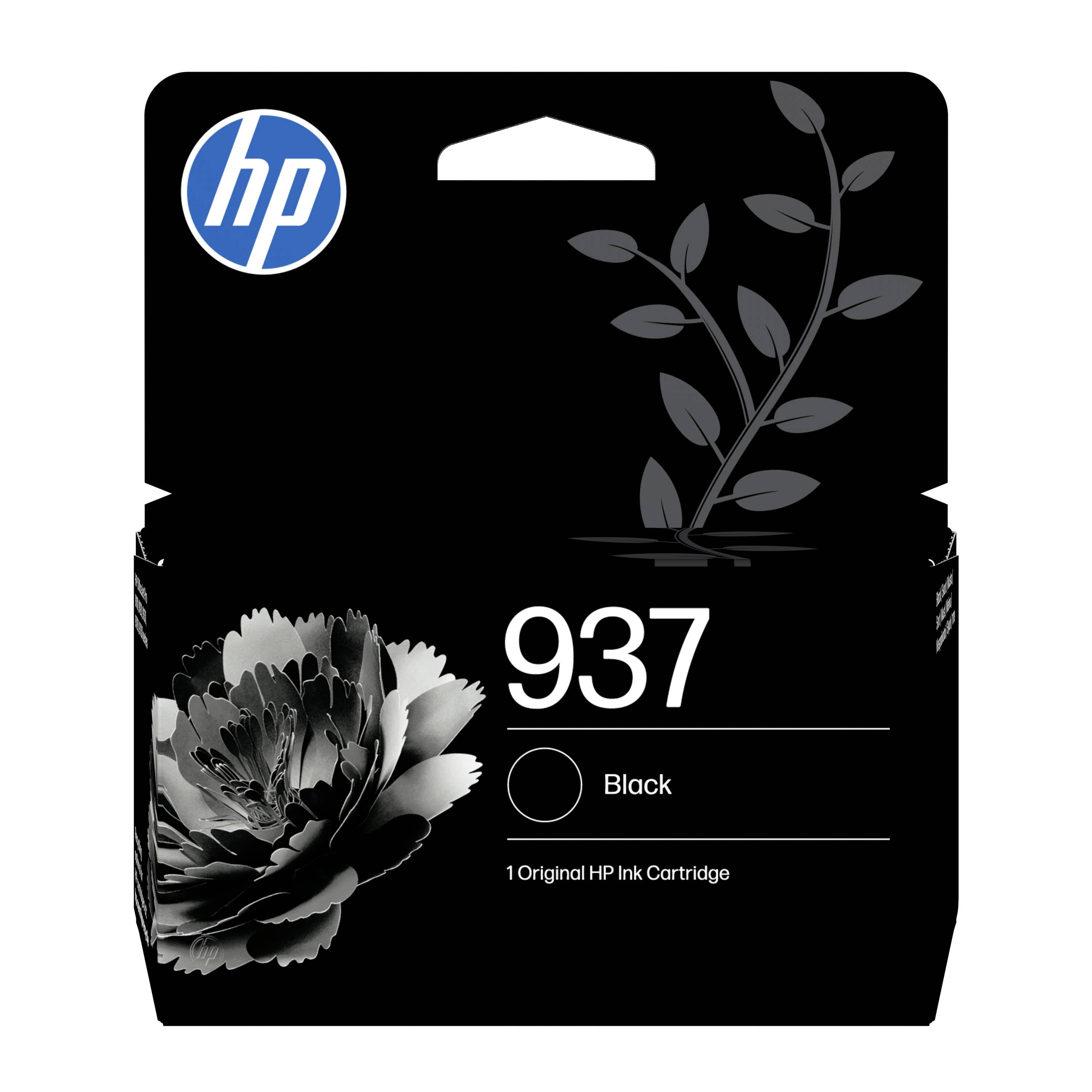 HP 937 sort original blækpatroncartridge-emballage med blomstergrafikk og "Sort"-etiket.
