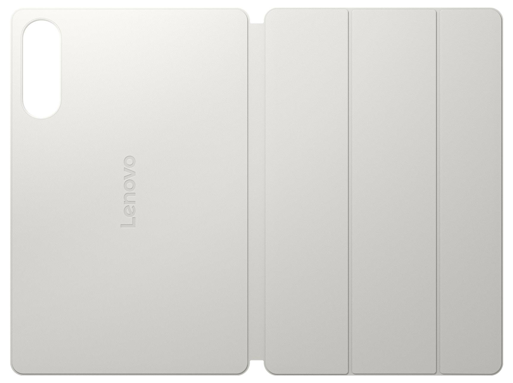 Lukket sølvfarvet Lenovo tablet-folieetui vist bagfra, med et lodret kamerasnit på venstre side og tre foldbare dækpaneler på højre side.