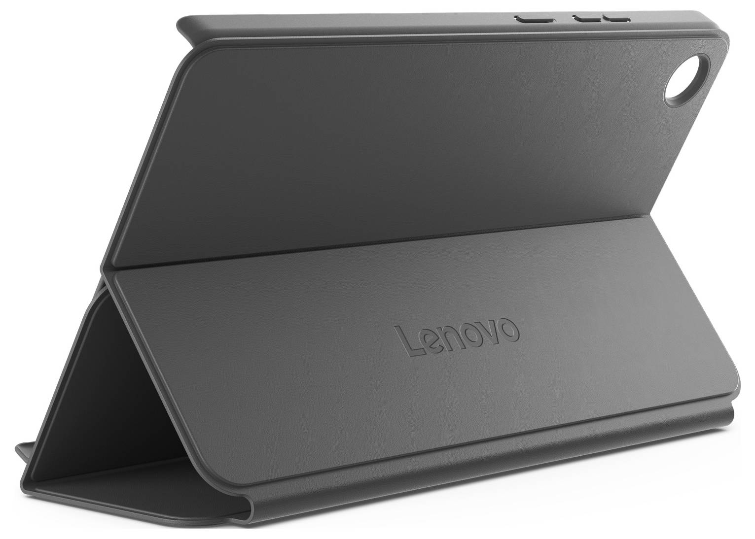 Sort Lenovo tablet folio etui foldet til et stativ, vist lukket med synlig kameraåbning.