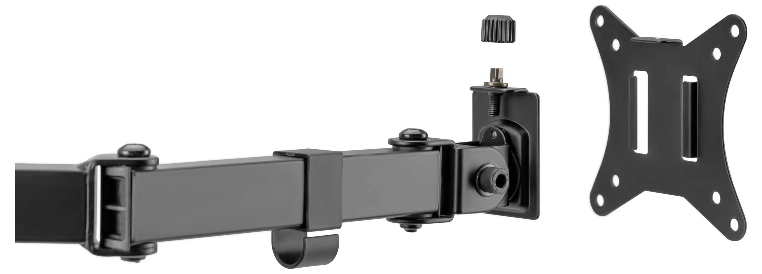 Justerbar sort artikuleret TV-vægbeslag arm vist udstrakt ved siden af en separat VESA-monteringsplade.