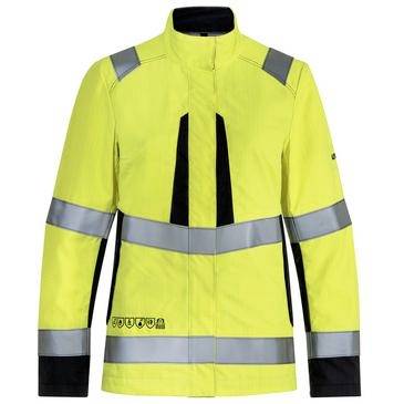 Højtsynligt gult sikkerhedsjakkesæt med reflekterende sølvbånd, sort trim og mørke skulder- og manchet-accenter, vist forfra på en enkel baggrund.