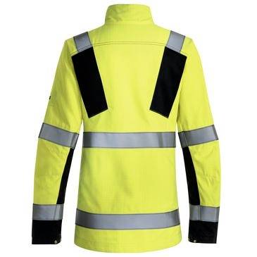 Højtsynlig gul langærmet sikkerhedsjacke med reflekterende sølvstriber og sorte skulder- og ærmpaneler, vist forfra på en hvid baggrund.