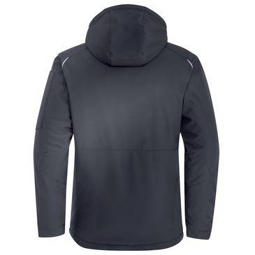 Mørkegrå hættejakke vist fra bagsiden på en hvid baggrund, med lange ærmer og et stramt, udendørsstil-design.