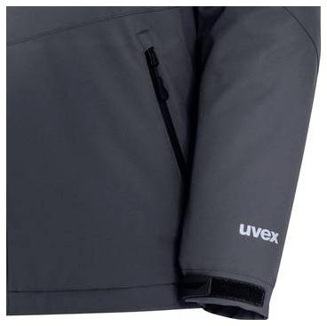 Nærbillede af en mørk grå UVEX-jakkeærme og kant med en synlig lynlås og hvidt "uvex"-logo på manchetten.