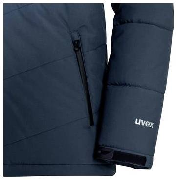 Nærbillede af en mørkblå polstret jakkeærm og bryst med en lynlåslomme og "uvex"-logo på manchetten.