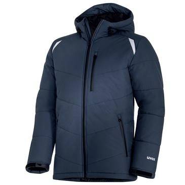 Mørkeblå hoodie-vinterjakke med fuld lynlås og frontlommer, vist på en hvid baggrund.