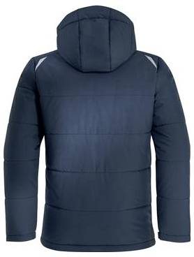 Mørkeblå hættetrukket dunjacke vist forfra på en hvid ensfarvet baggrund.