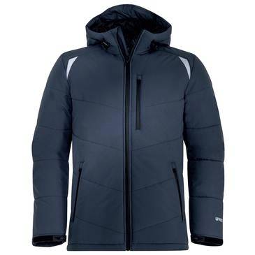 Marineblå hættetrøje til vinteren med frontlynlås, brystlomme, sidelommer og reflekterende skulderbetoning vist på en enkel baggrund.