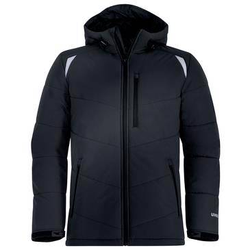 Sort puffer jakke med hætte, frontlynlås og hvide skulderstykker, vist isoleret på en neutral baggrund.