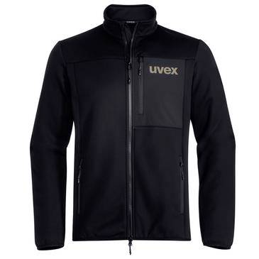 Sort jakke med lynlås og 'uvex'-logo på brystet, vist forfra på hvid baggrund.