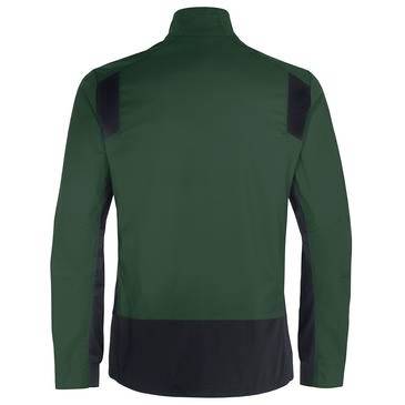 Grøn langærmet højthalset pullover med lynlås og sorte skulderstykker og sort nedre kant, vist bagfra på hvid baggrund.
