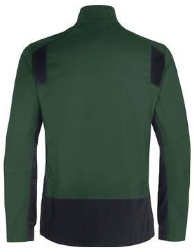 Grøn langærmet atletisk trøje med sorte panel ved skulder og side, vist forfra på hvid baggrund.