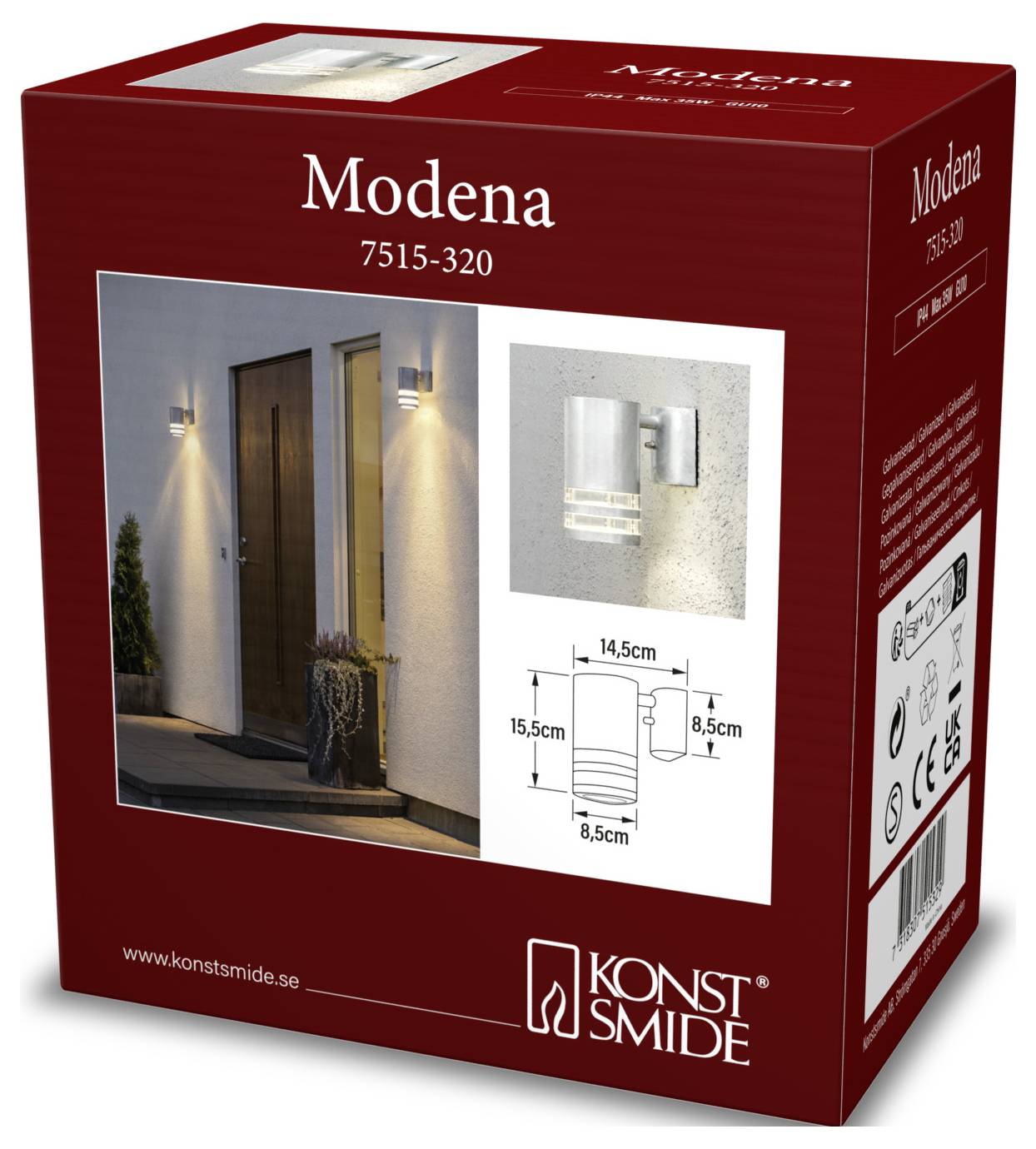Rød Konst Smide 'Modena' udendørsvæglampe, model 7515-320, viser produktfotos og dimensioner.