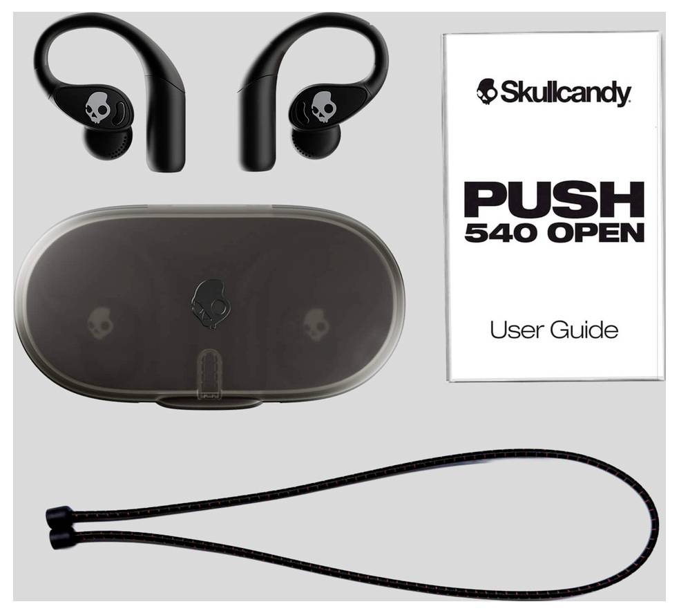 Skullcandy Push 540 Åbne øretelefoner med ladeetuiet, øreøse og brugervejledning vist på en grå baggrund.