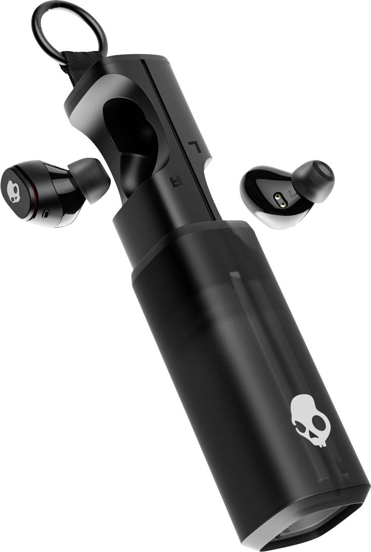 Sorte Skullcandy true wireless øretelefoner med opladningsetui, vist åbent med to øretelefoner, der flyder ved siden af det.