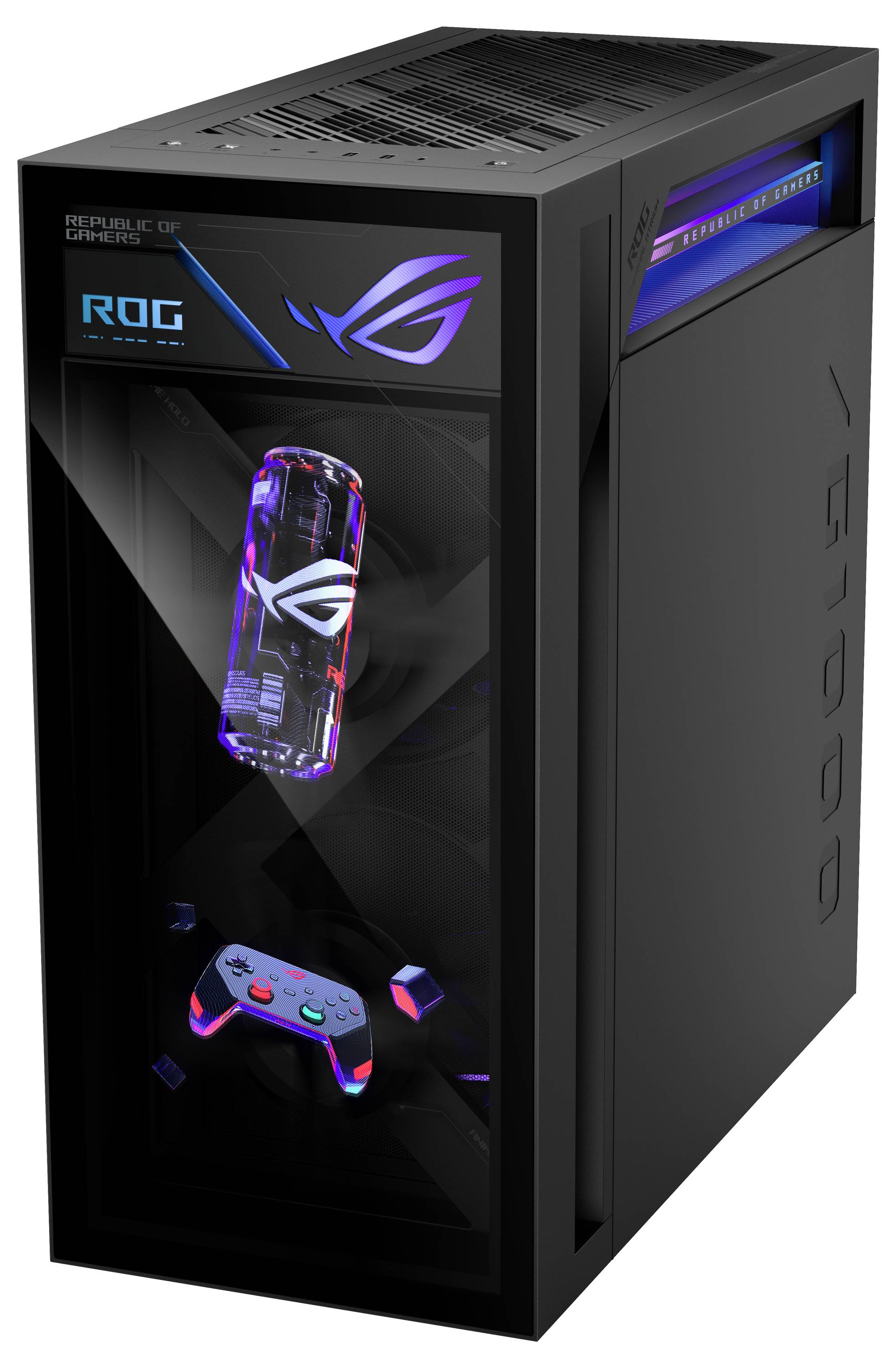 Sort ASUS ROG gaming PC-tårn med gennemsigtigt frontpanel, lysende ROG-logo, RGB-belyst interne hardware og en controller-grafik på kabinettet.