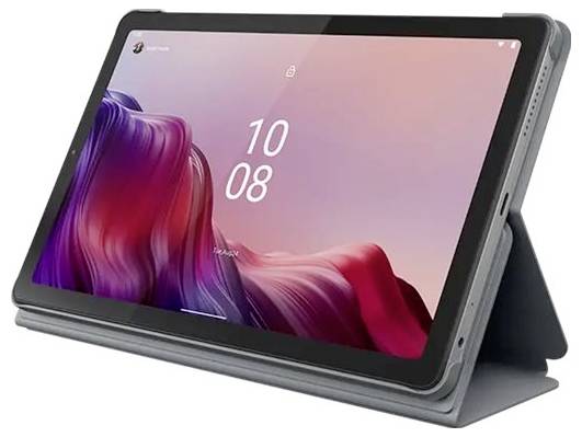 En tablet i et grå folioetuiet, vist i landskabsformat med et farvestrålende abstrakt tapet og klokken 10:08 på skærmen.