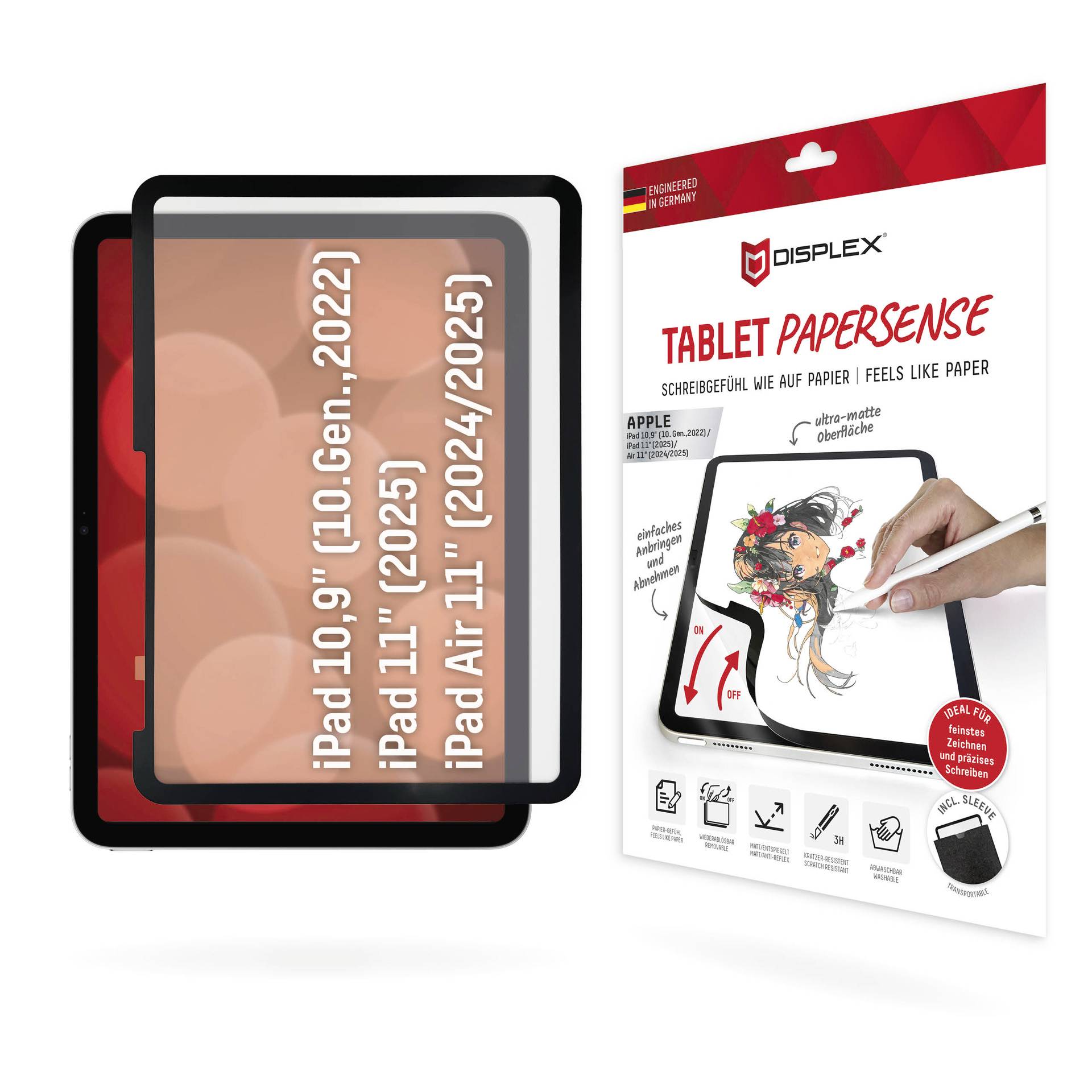 Displex 'Tablet Papiersense' skærmbeskytter emballage til iPad Air og iPad modeller, vist med tablet størrelse kompatibilitet og stylus tegning på skærmen.