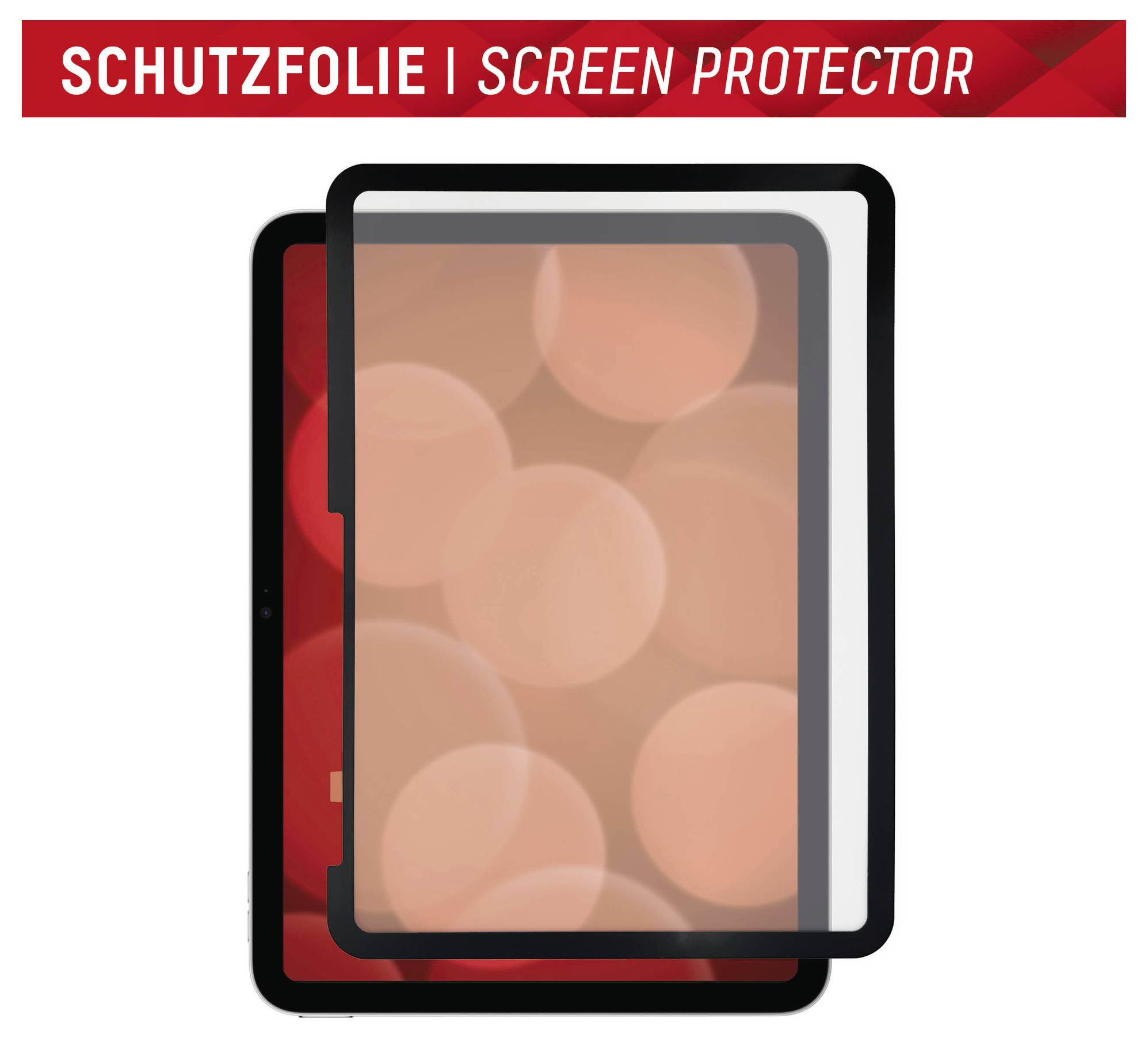 Tablet-skærmbeskytter med overlappende sortrammede glasplader; banner læser 'SCHUTZFOLIE | SCREEN PROTECTOR'.